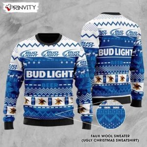 Bud Light Beer White Blue Color Ugly Christmas Sweater, Faux Wool Sweater, International Beer Day, Gifts For Beer Lovers, Best Christmas Gifts For 2022 – Prinvity