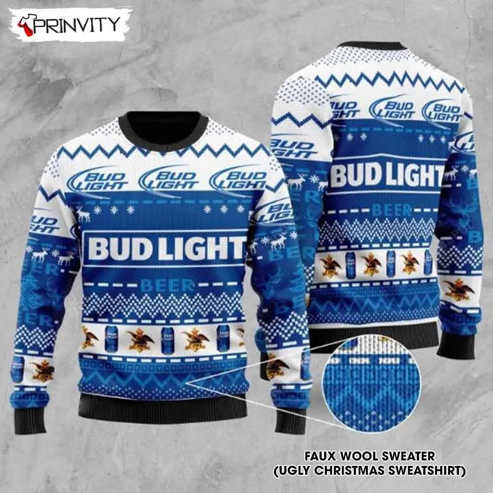 Bud Light Beer White Blue Color Ugly Christmas Sweater, Faux Wool Sweater, International Beer Day, Gifts For Beer Lovers, Best Christmas Gifts For 2022 - Prinvity