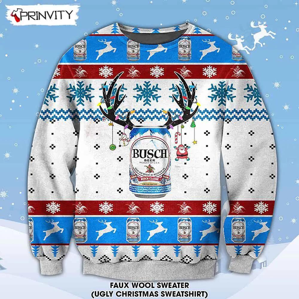 Busch Beer Deer Horn Ugly Christmas Sweater Faux Wool Sweater Gifts For Beer Lovers International Beer Day Best Christmas Gifts For 2022 Prinvity 1