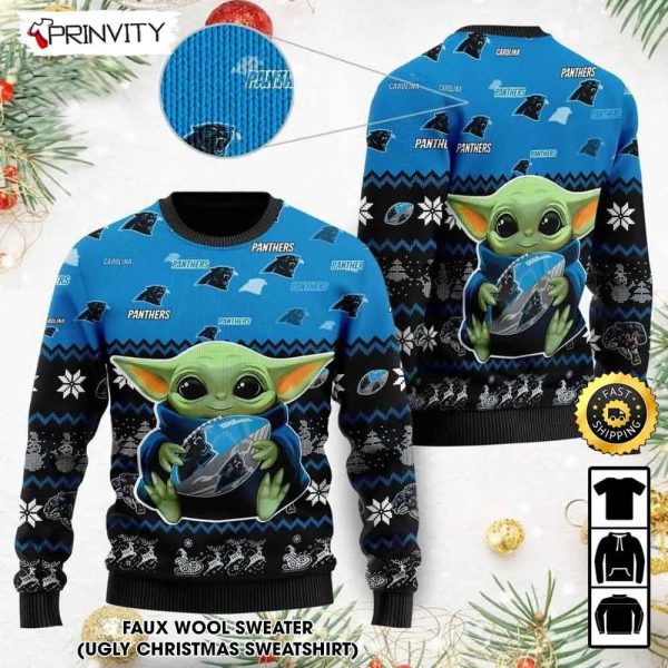 Carolina Panthers Baby Yoda Ugly Christmas Sweater, Faux Wool Sweater, National Football League, Gifts For Fans Football NFL, Football 3D Ugly Sweater – Prinvity