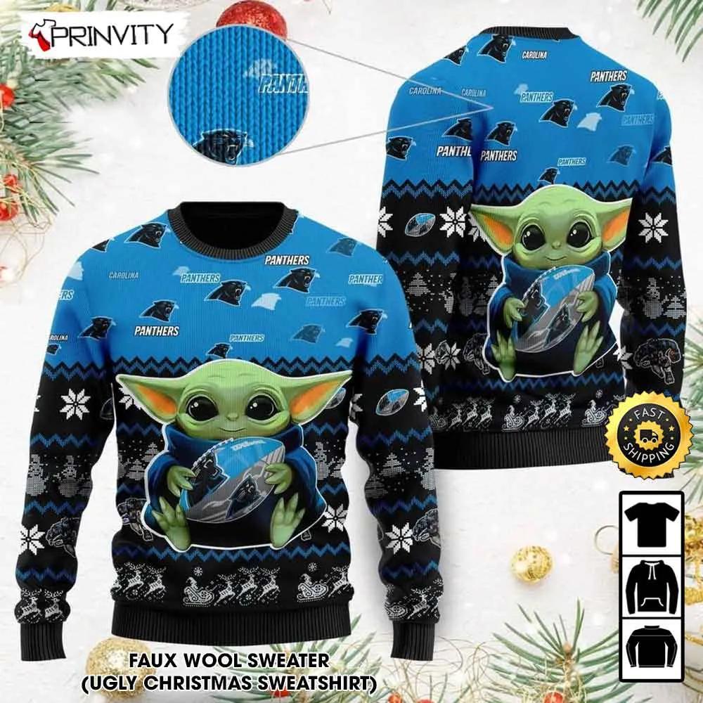 Carolina Panthers Baby Yoda Ugly Christmas Sweater, Faux Wool Sweater, National Football League, Gifts For Fans Football NFL, Football 3D Ugly Sweater - Prinvity