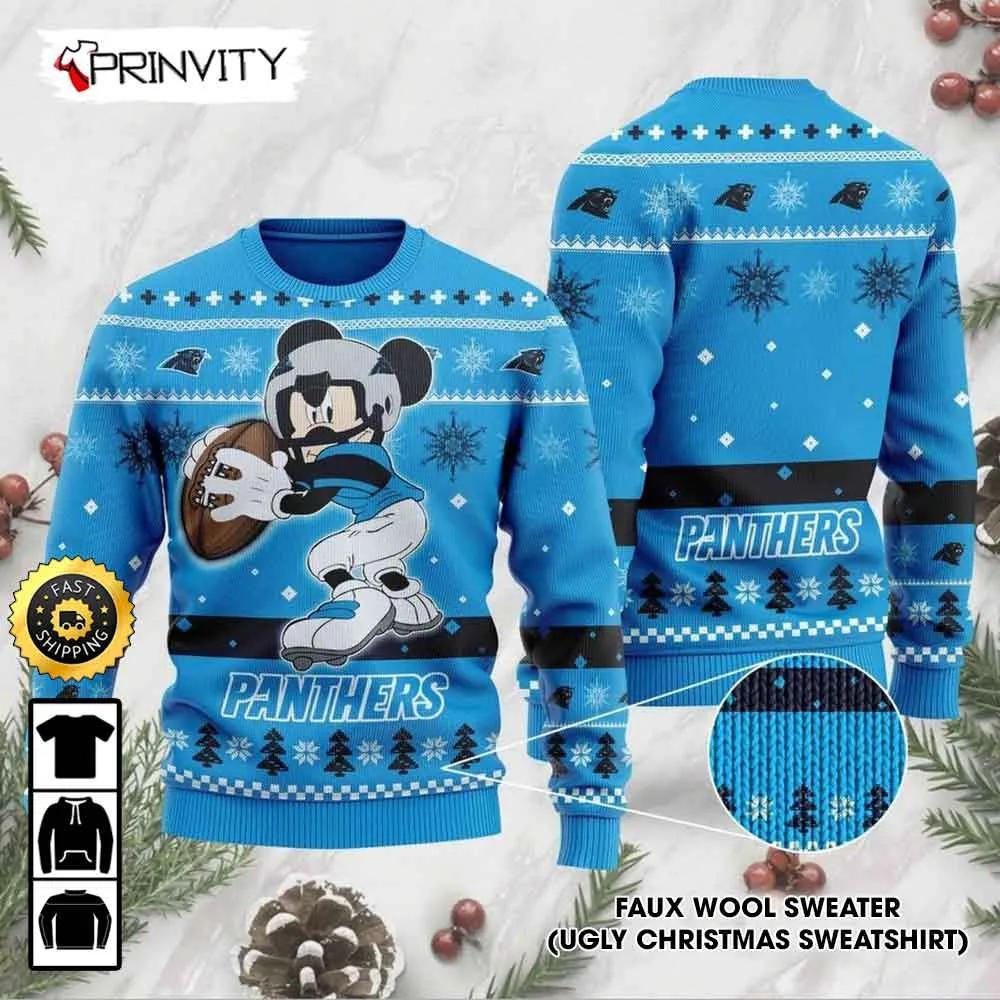Carolina Panthers Mickey Mouse Disney Ugly Christmas Sweater, Faux Wool Sweater, National Football League, Gifts For Fans Football NFL, Football 3D Ugly Sweater - Prinvity