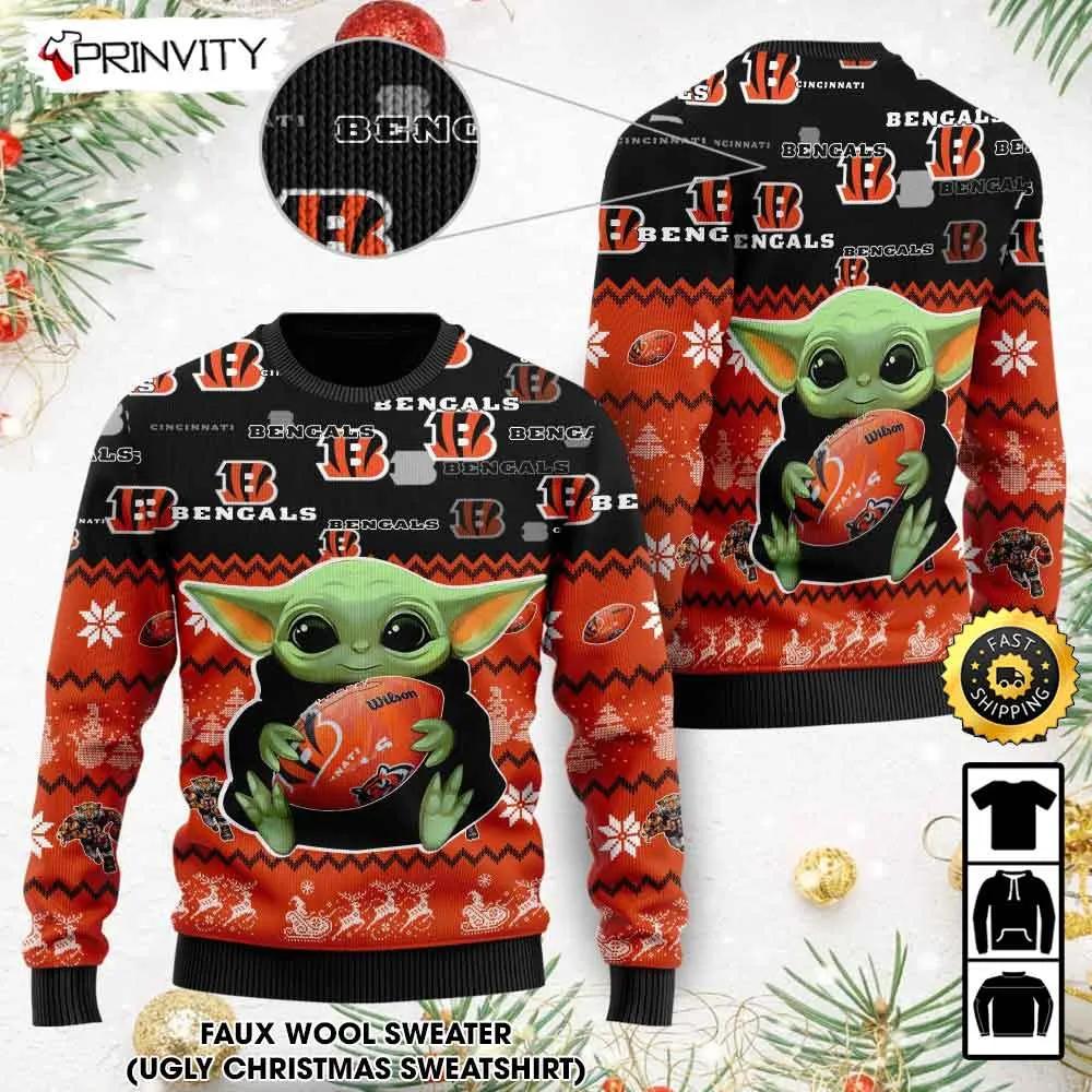 Cincinnati Bengals Baby Yoda Ugly Christmas Sweater, Faux Wool Sweater, National Football League, Gifts For Fans Football NFL, Football 3D Ugly Sweater - Prinvity