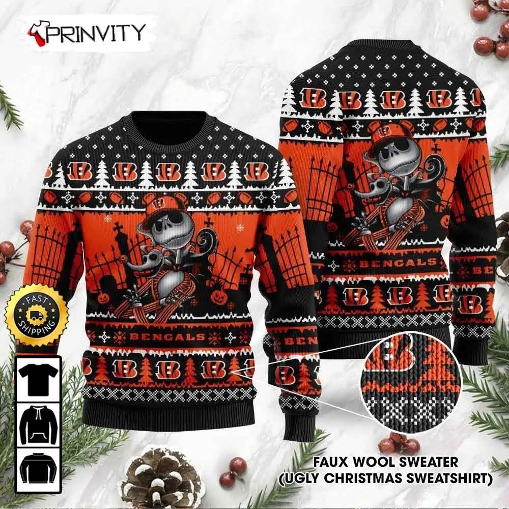 Cincinnati Bengals Jack Skellington Halloween Ugly Christmas Sweater, Faux Wool Sweater, National Football League, Gifts For Fans Football NFL, Football 3D Ugly Sweater