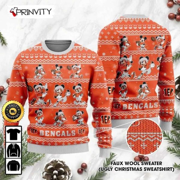 Cincinnati Bengals Mickey Mouse Disney Ugly Christmas Sweater, Faux Wool Sweater, National Football League, Gifts For Fans Football NFL, Football 3D Ugly Sweater – Prinvity