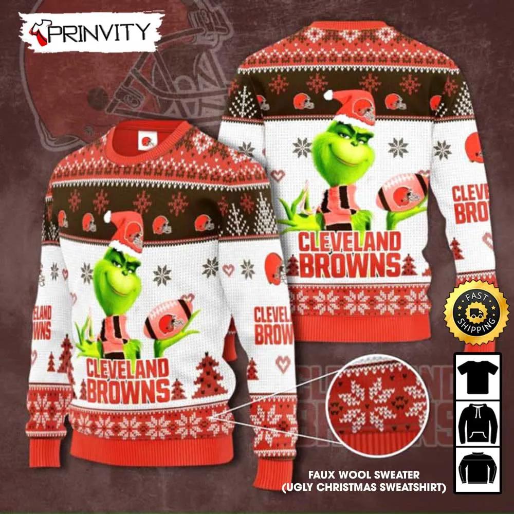 Cleveland Browns Grinch Knit Faux Wool Sweater (Ugly Christmas Sweater), NFL Football Lover Gifts For Fans, National Football League, Merry Christmas - Prinvity