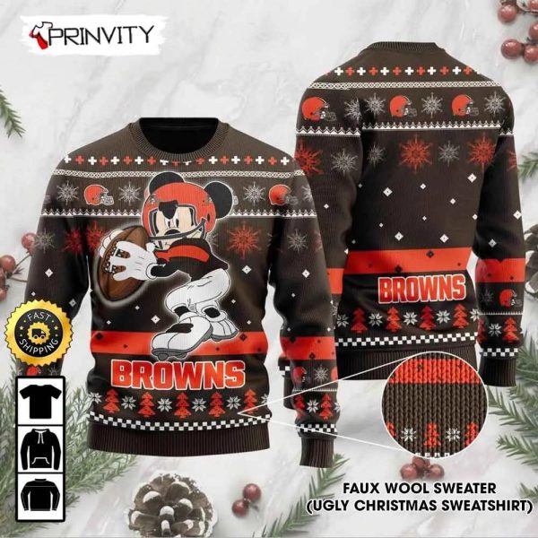 Cleveland Browns Mickey Mouse Disney Ugly Christmas Sweater, Faux Wool Sweater, National Football League, Gifts For Fans Football NFL, Football 3D Ugly Sweater – Prinvity