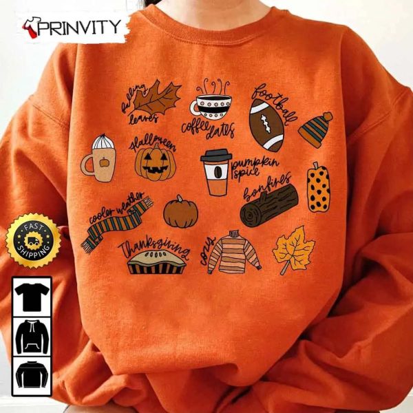 Cozy Autumn Football Warm Fall Halloween Sweatshirt Pumpkin Food Leaves Pie Coffee Rainbow Vintage Maple Leaves, Unisex Hoodie, T-Shirt, Long Sleeve – Prinvity