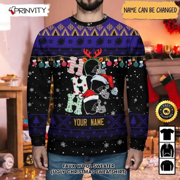 Customized Baltimore Ravens Ugly Christmas Sweater, Faux Wool Sweater, National Football League, Gifts For Fans Football NFL, Football 3D Ugly Sweater, Merry Xmas – Prinvity