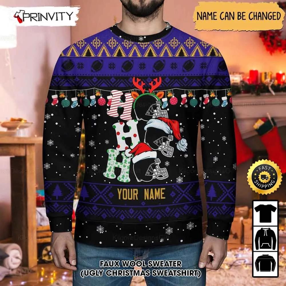 Customized Baltimore Ravens Ugly Christmas Sweater, Faux Wool Sweater, National Football League, Gifts For Fans Football NFL, Football 3D Ugly Sweater, Merry Xmas - Prinvity
