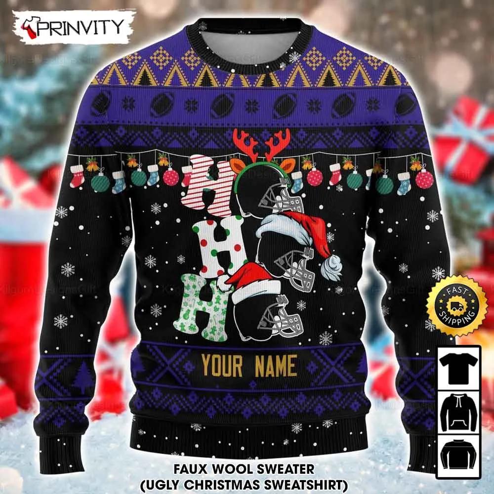 Customized Baltimore Ravens Ugly Christmas Sweater, Faux Wool Sweater, National Football League, Gifts For Fans Football NFL, Football 3D Ugly Sweater, Merry Xmas - Prinvity