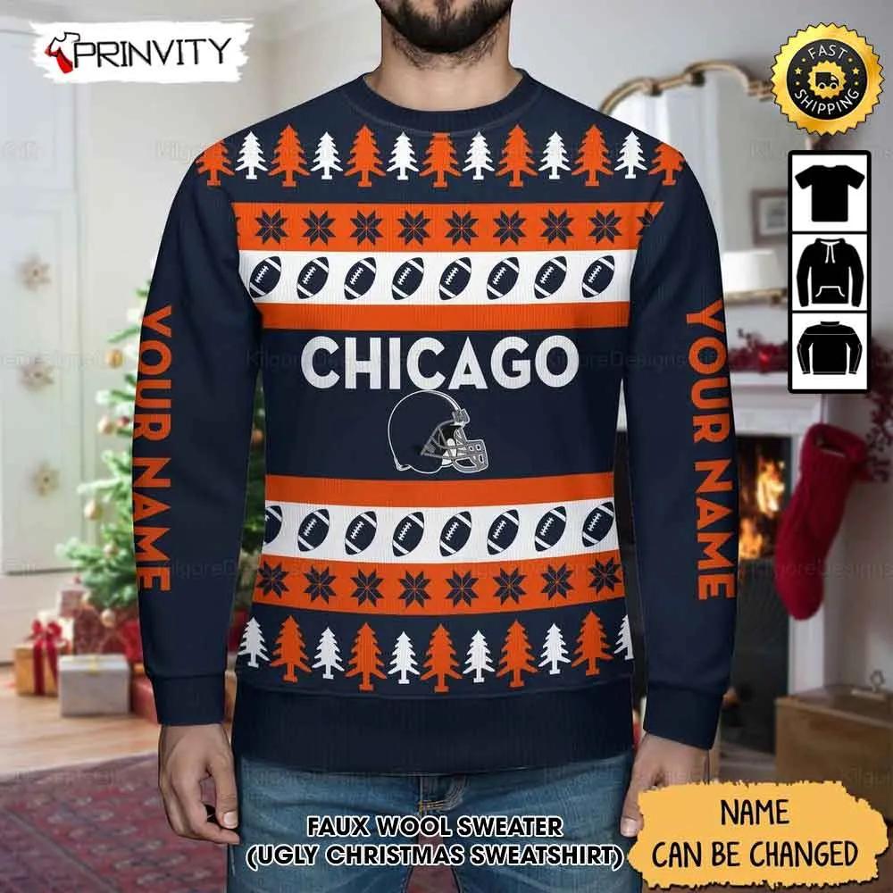 Customized Chicago Bears Ugly Christmas Sweater, Faux Wool Sweater, National Football League, Gifts For Fans Football Nfl, Football 3D Ugly Sweater - Prinvity