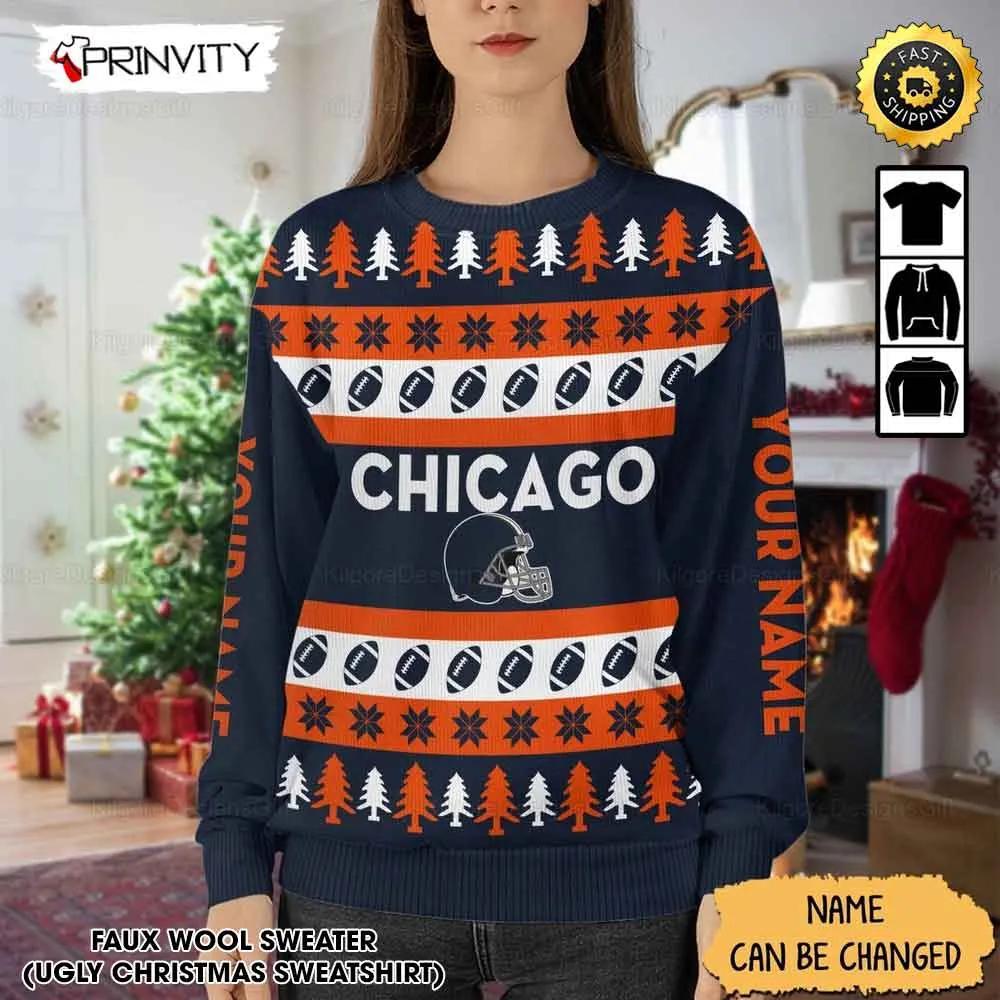 Customized Chicago Bears Ugly Christmas Sweater, Faux Wool Sweater, National Football League, Gifts For Fans Football Nfl, Football 3D Ugly Sweater - Prinvity