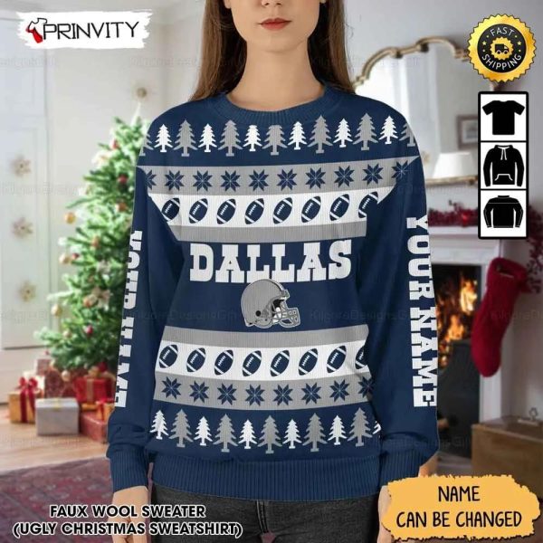 Customized Dallas Cowboys Ugly Christmas Sweater, Faux Wool Sweater, National Football League, Gifts For Fans Football Nfl, Football 3D Ugly Sweater, Merry Xmas – Prinvity