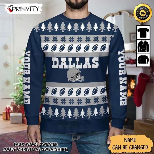 Customized Dallas Cowboys Ugly Christmas Sweater, Faux Wool Sweater, National Football League, Gifts For Fans Football Nfl, Football 3D Ugly Sweater, Merry Xmas – Prinvity