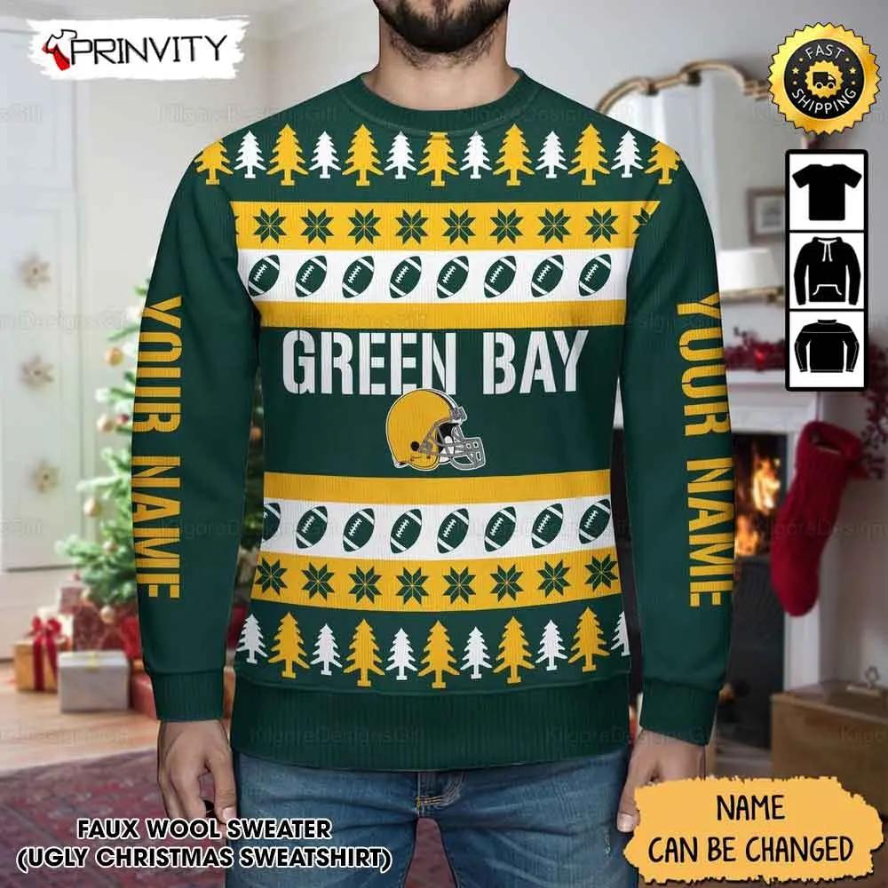 Customized Green Bay Packers Ugly Christmas Sweater, Faux Wool Sweater, National Football League, Gifts For Fans Football Nfl, Football 3D Ugly Sweater, Merry Xmas - Prinvity