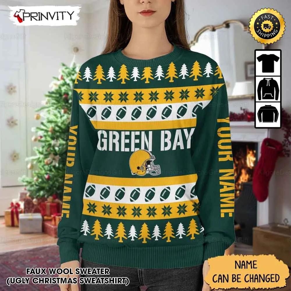 Customized Green Bay Packers Ugly Christmas Sweater, Faux Wool Sweater, National Football League, Gifts For Fans Football Nfl, Football 3D Ugly Sweater, Merry Xmas - Prinvity