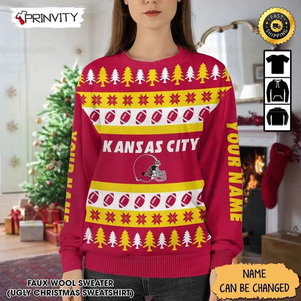 Customized Kansas City Chiefs Ugly Christmas Sweater, Faux Wool Sweater, National Football League, Gifts For Fans Football Nfl, Football 3D Ugly Sweater - Prinvity