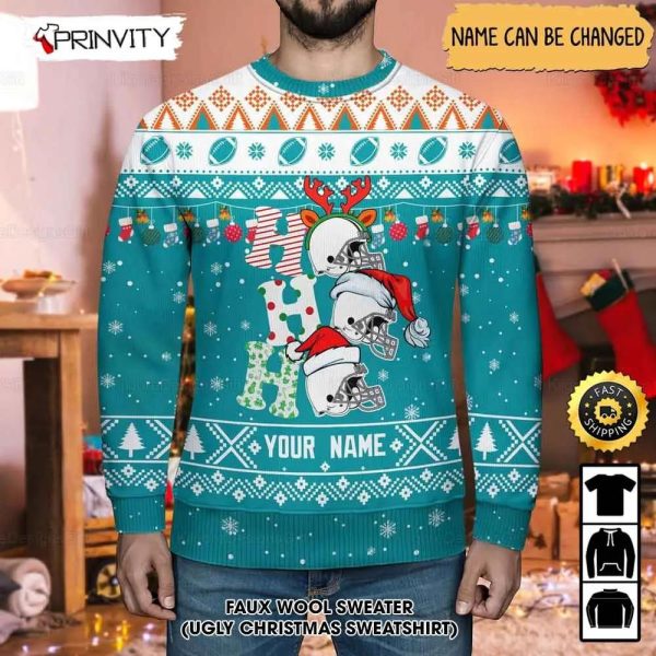 Customized Miami Dolphins Ugly Christmas Sweater, Faux Wool Sweater, National Football League, Gifts For Fans Football Nfl, Football 3D Ugly Sweater, Merry Xmas – Prinvity