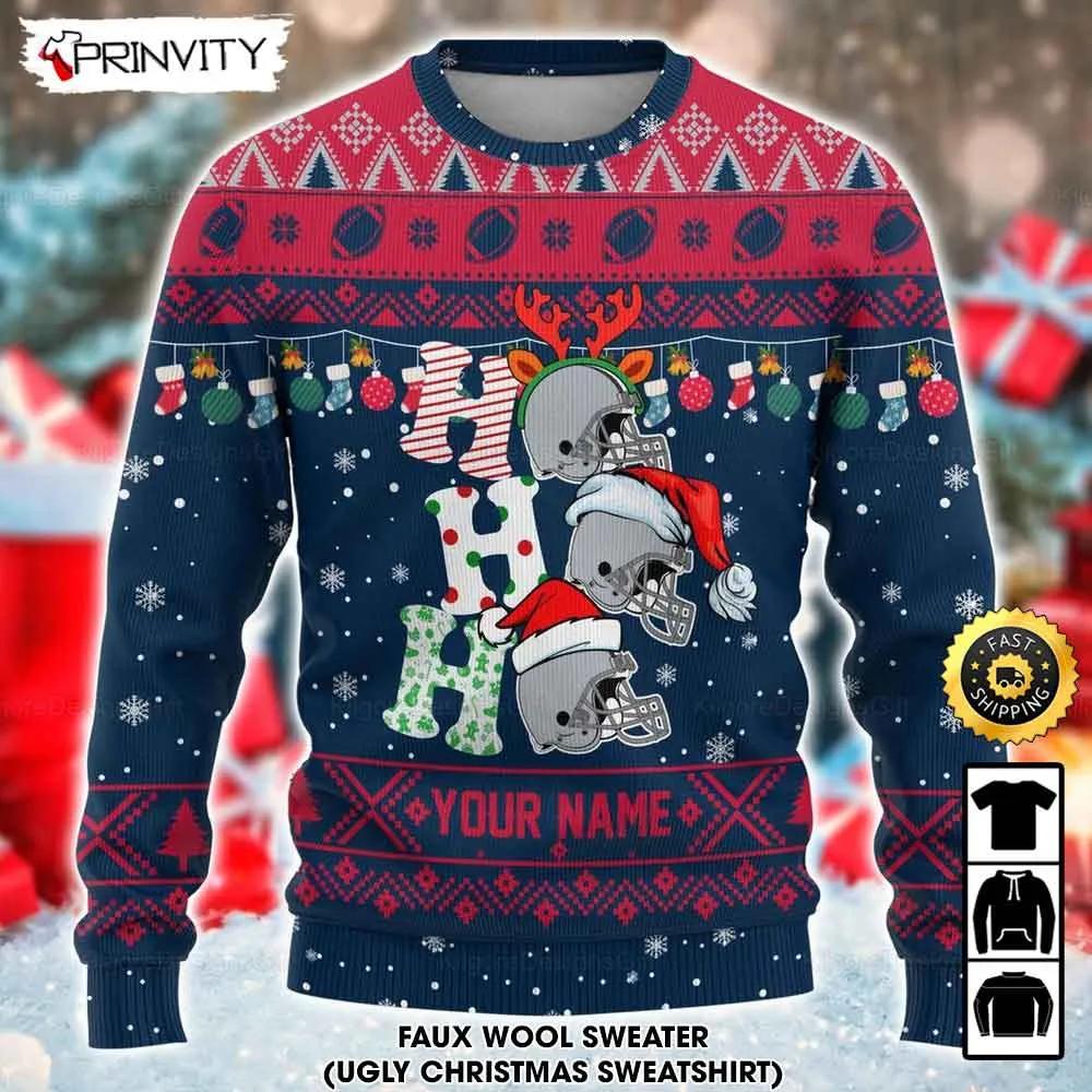 Customized New England Ugly Christmas Sweater, Faux Wool Sweater, National Football League, Gifts For Fans Football Nfl, Football 3D Ugly Sweater, Merry Xmas - Prinvity