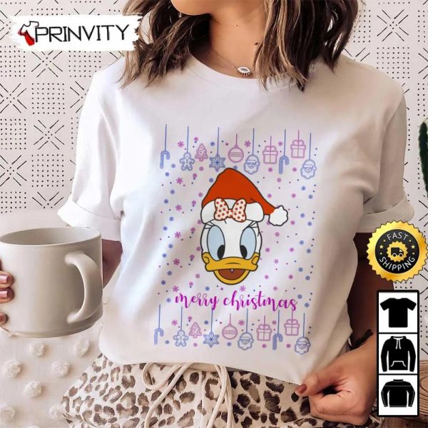 Daisy Duck Disney Christmas Design Pink And White Sweatshirt, Best Christmas Gift For 2022, Merry Christmas, Happy Holidays, Unisex Hoodie, T-Shirt, Long Sleeve – Prinvity