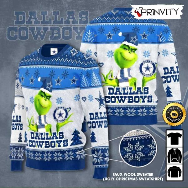 Dallas Cowboys Grinch Knit Faux Wool Sweater (Ugly Christmas Sweater), NFL Football Lover Gifts For Fans, National Football League, Merry Christmas – Prinvity