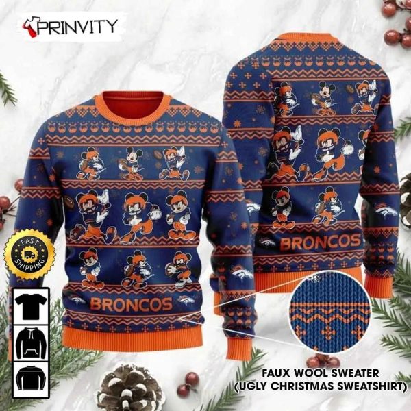 Denver Broncos Mickey Mouse Disney Knit Ugly Christmas Sweater, Faux Wool Sweater, National Football League, Gifts For Fans Football NFL, Football 3D Ugly Sweater – Prinvity