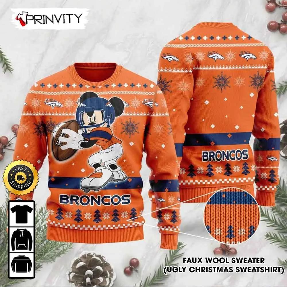 Denver Broncos Mickey Mouse Disney Ugly Christmas Sweater, Faux Wool Sweater, National Football League, Gifts For Fans Football NFL, Football 3D Ugly Sweater - Prinvity