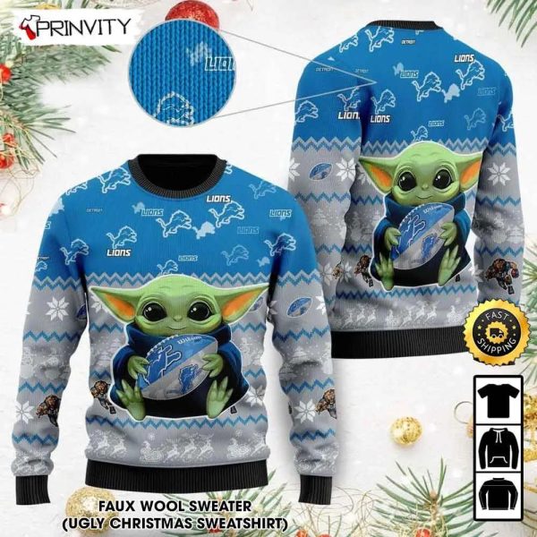 Detroit Lions Baby Yoda Ugly Christmas Sweater, Faux Wool Sweater, National Football League, Gifts For Fans Football NFL, Football 3D Ugly Sweater – Prinvity