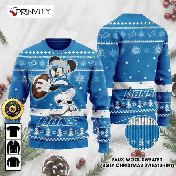 Detroit Lions Mickey Mouse Disney Knit Ugly Christmas Sweater, Faux Wool Sweater, National Football League, Gifts For Fans Football NFL, Football 3D Ugly Sweater – Prinvity