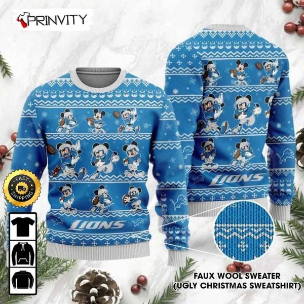 Detroit Lions Mickey Mouse Disney Ugly Christmas Sweater, Faux Wool Sweater, National Football League, Gifts For Fans Football NFL, Football 3D Ugly Sweater – Prinvity