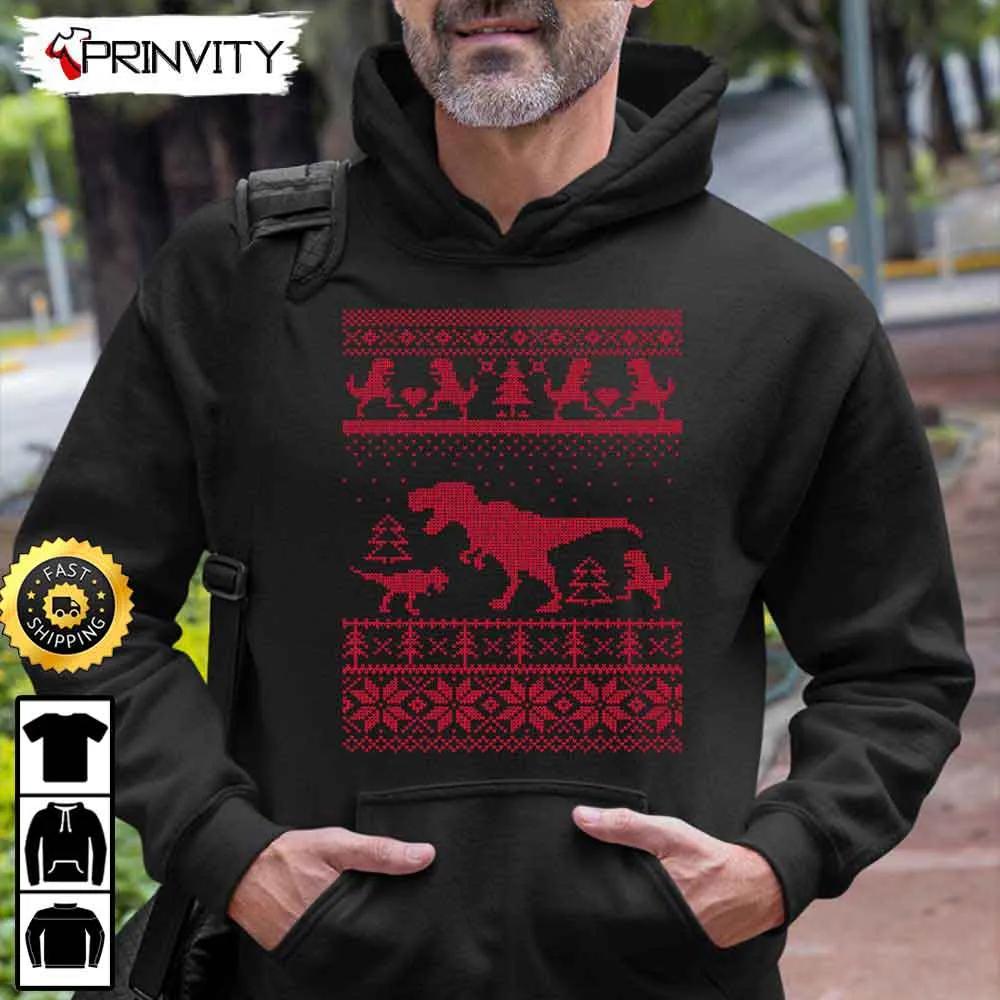 Dinosaur Christmas Ugly Sweatshirt, Best Christmas Gifts For 2022, Merry Christmas, Happy Holidays, Unisex Hoodie, T-Shirt, Long Sleeve - Prinvity
