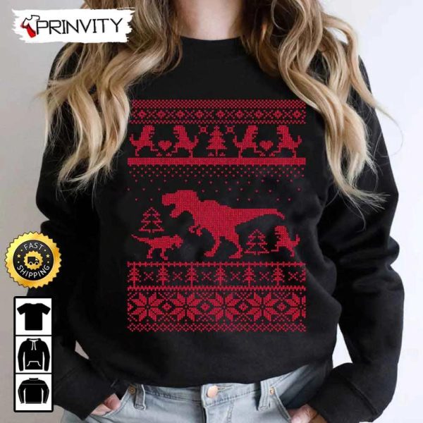 Dinosaur Christmas Ugly Sweatshirt, Best Christmas Gifts For 2022, Merry Christmas, Happy Holidays, Unisex Hoodie, T-Shirt, Long Sleeve – Prinvity