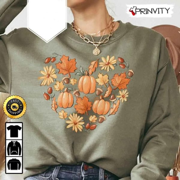 Fall Autumn In Love Thanksgiving Pumpkin Sweatshirt, Heartthanksgiving, Best Thanksgiving Gifts 2022, Autumn Happy Thankful, Unisex Hoodie, T-Shirt, Long Sleeve – Prinvity