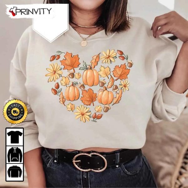 Fall Autumn In Love Thanksgiving Pumpkin Sweatshirt, Heartthanksgiving, Best Thanksgiving Gifts 2022, Autumn Happy Thankful, Unisex Hoodie, T-Shirt, Long Sleeve – Prinvity