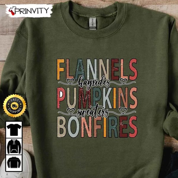 Flannels Hayrides Pumpkins Sweaters Bonfires Sweatshirt, Best Thanksgiving Gifts 2022, Autumn Happy Thankful, Unisex Hoodie, T-Shirt, Long Sleeve – Prinvity