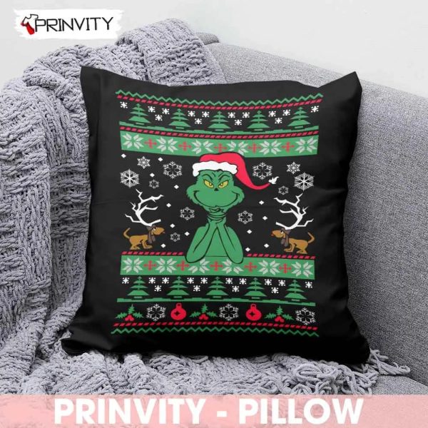 Grinch Merry Christmas Pillow, Best Christmas Gifts 2022, Happy Holidays, Size 14”x14”, 16”x16”, 18”x18”, 20”x20” – Prinvity