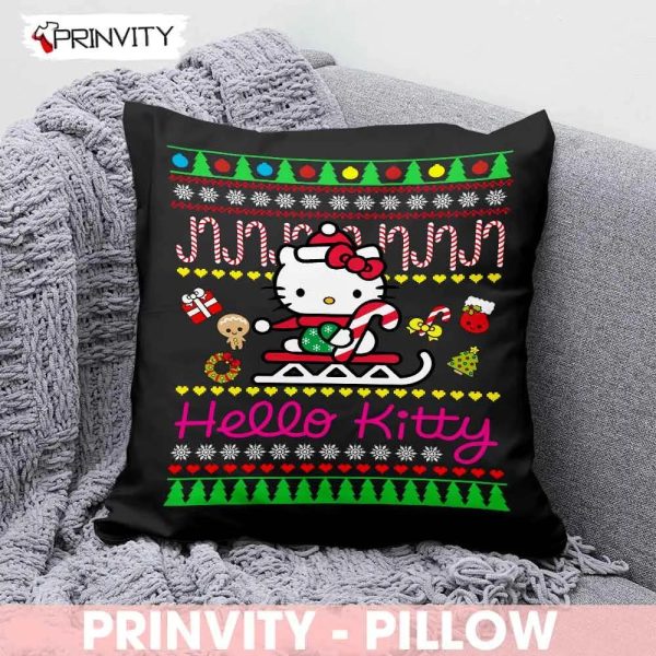 Hello Kitty Christmas Pillow, Best Christmas Gifts 2022, Happy Holidays, Size 14”x14”, 16”x16”, 18”x18”, 20”x20” – Prinvity