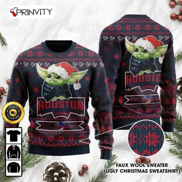 Houston Texans Est 2002 Baby Yoda Ugly Christmas Sweater, Faux Wool Sweater, National Football League, Gifts For Fans Football NFL, Football 3D Ugly Sweater – Prinvity