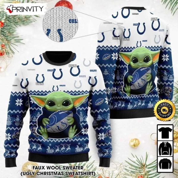 Indianapolis Colts Baby Yoda Ugly Christmas Sweater, Faux Wool Sweater, National Football League, Gifts For Fans Football NFL, Football 3D Ugly Sweater – Prinvity