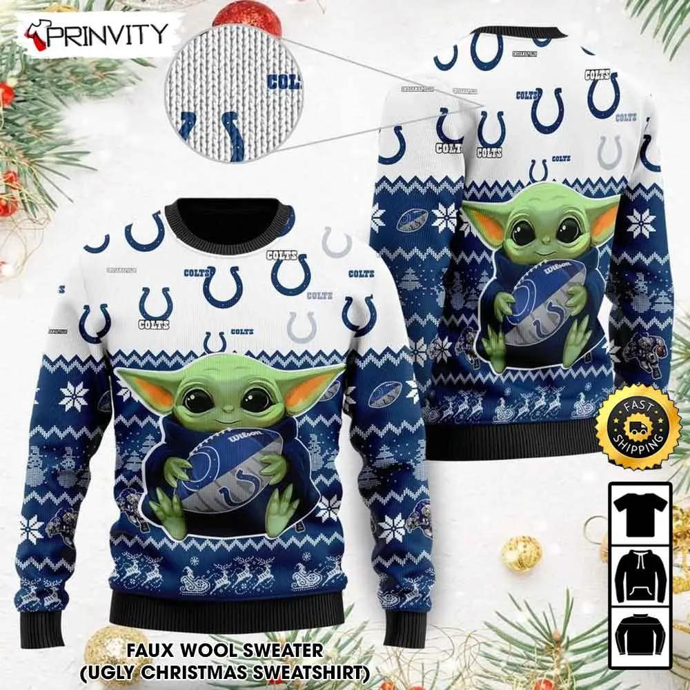 Indianapolis Colts Baby Yoda Ugly Christmas Sweater, Faux Wool Sweater, National Football League, Gifts For Fans Football NFL, Football 3D Ugly Sweater - Prinvity