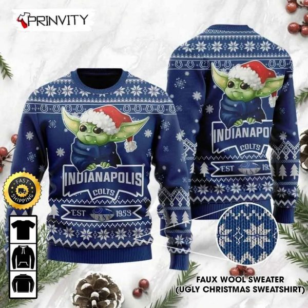 Indianapolis Colts Est 1953 Baby Yoda Ugly Christmas Sweater, Faux Wool Sweater, National Football League, Gifts For Fans Football NFL, Football 3D Ugly Sweater – Prinvity