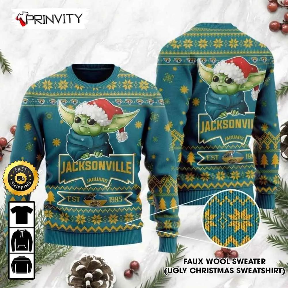 Jacksonville Jaguars Est 1995 Baby Yoda Ugly Christmas Sweater, Faux Wool Sweater, National Football League, Gifts For Fans Football NFL, Football 3D Ugly Sweater - Prinvity