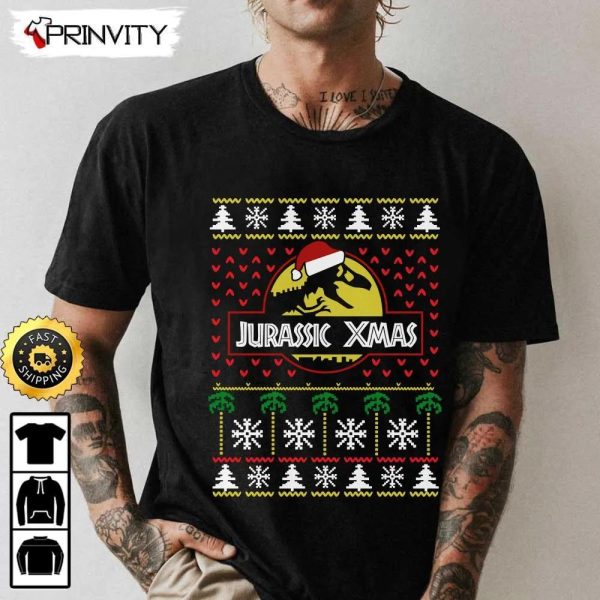 Jurassic Xmas Sweatshirt, Best Christmas Gift For 2022, Merry Christmas, Happy Holidays, Unisex Hoodie, T-Shirt, Long Sleeve – Prinvity