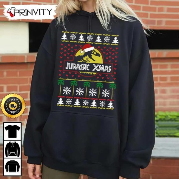 Jurassic Xmas Sweatshirt, Best Christmas Gift For 2022, Merry Christmas, Happy Holidays, Unisex Hoodie, T-Shirt, Long Sleeve – Prinvity