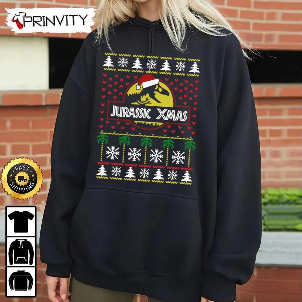 Jurassic Xmas Sweatshirt, Best Christmas Gift For 2022, Merry Christmas, Happy Holidays, Unisex Hoodie, T-Shirt, Long Sleeve - Prinvity