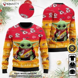 Kansas City Chiefs Baby Yoda Ugly Christmas Sweater, Faux Wool Sweater, National Football League, Gifts For Fans Football NFL, Football 3D Ugly Sweater - Prinvity