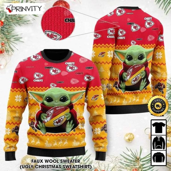 Kansas City Chiefs Baby Yoda Ugly Christmas Sweater, Faux Wool Sweater, National Football League, Gifts For Fans Football NFL, Football 3D Ugly Sweater – Prinvity