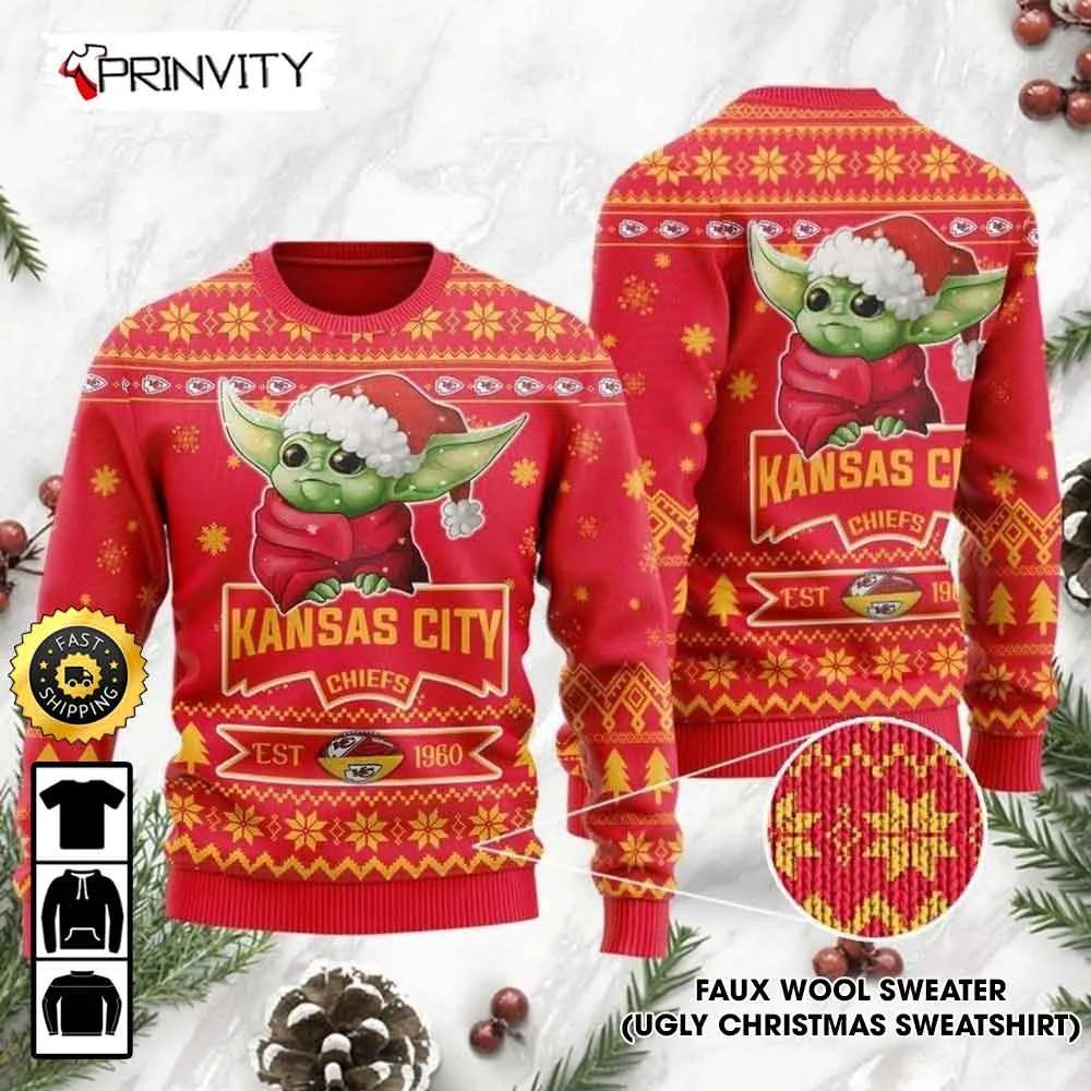Kansas City Chiefs Est 1960 Baby Yoda Ugly Christmas Sweater, Faux Wool Sweater, National Football League, Gifts For Fans Football NFL, Football 3D Ugly Sweater - Prinvity