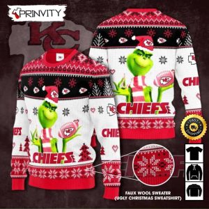 Kansas City Chiefs Grinch Knit Faux Wool Sweater (Ugly Christmas Sweater), NFL Football Lover Gifts For Fans, National Football League, Merry Christmas - Prinvity